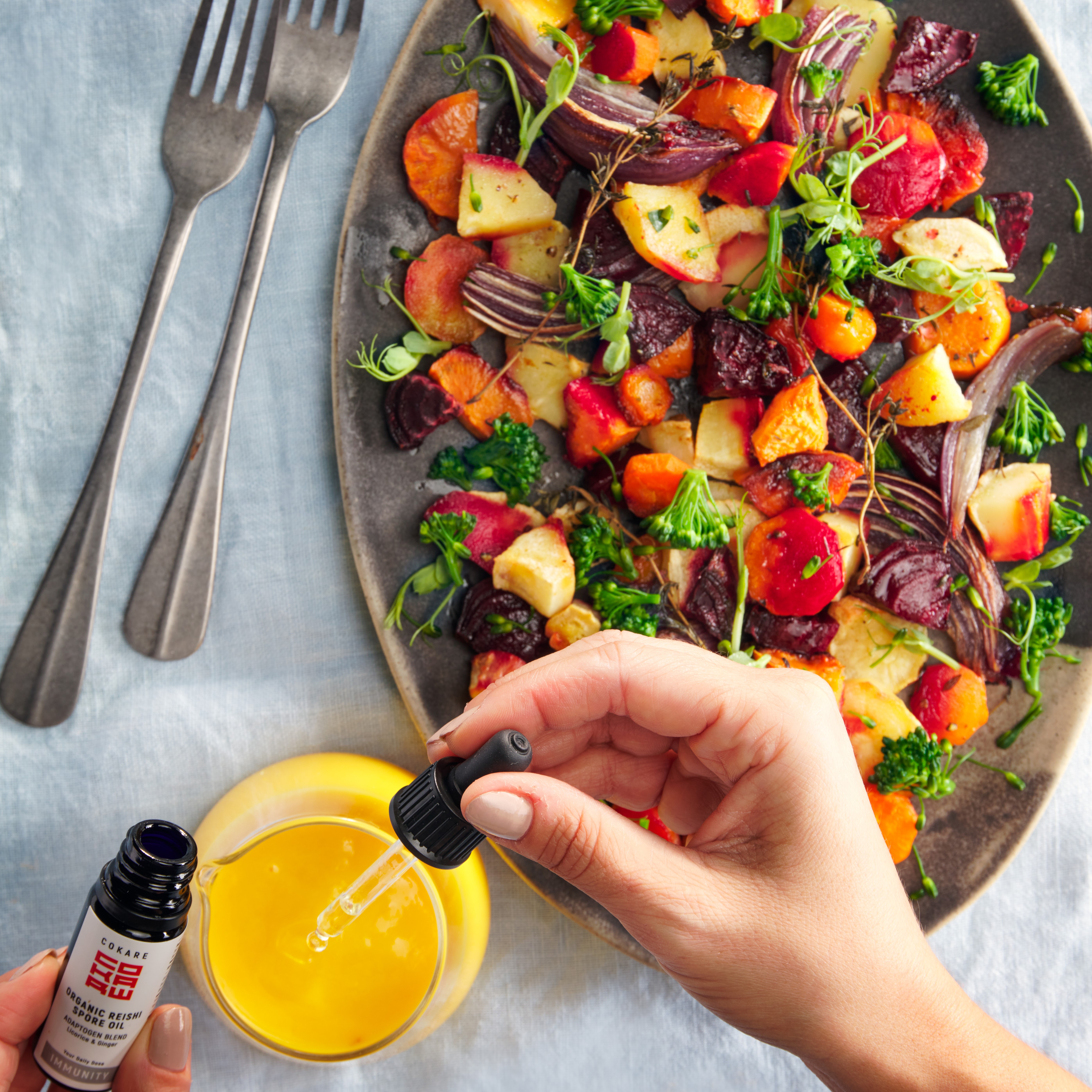 Crispy Roasted Root Salad With Mango Vinaigrette And Mushrooms