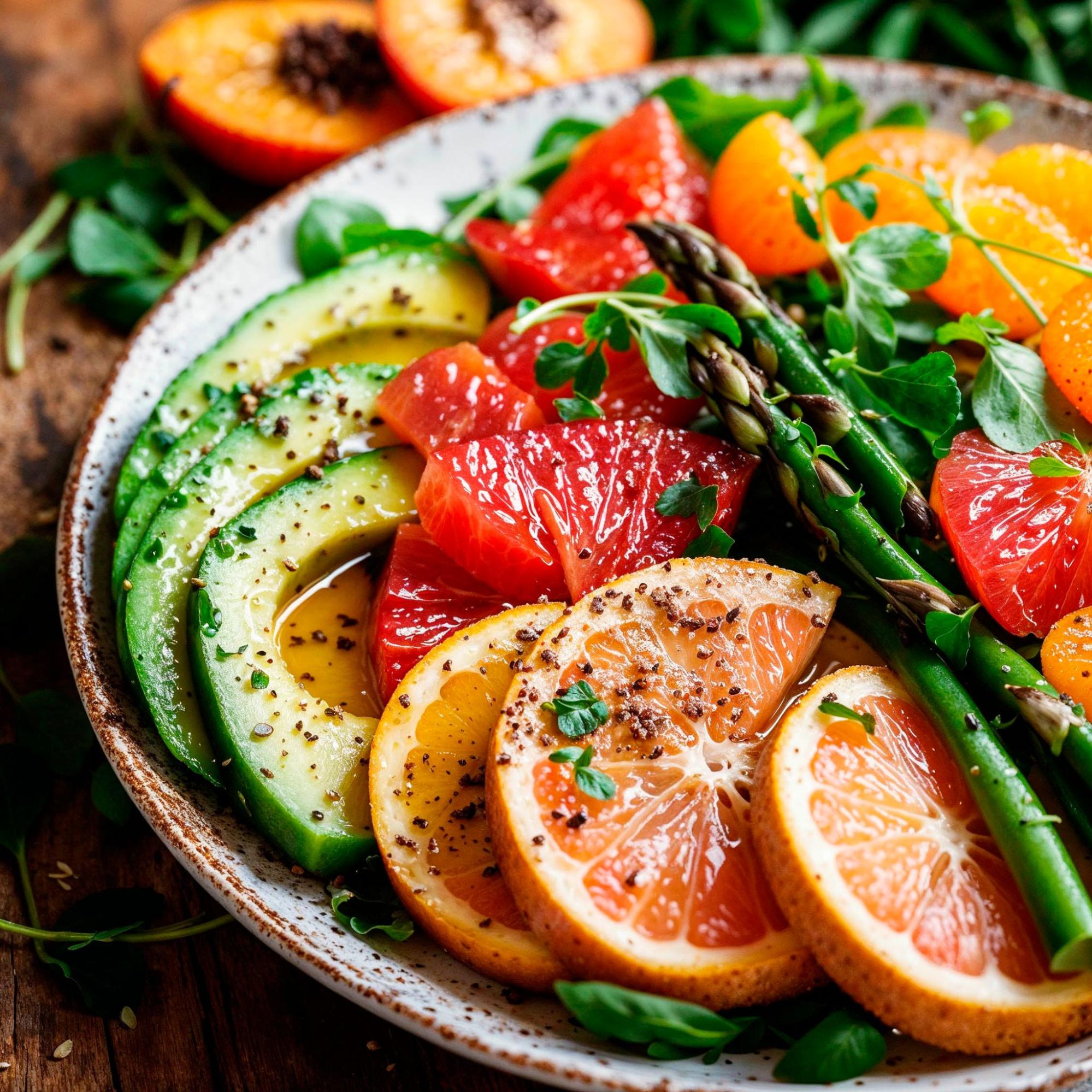 Ensalada de espárragos, pomelo y albaricoques asados con Elixir Energy